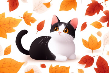 Illustration a cute cat with big round eyes with fall leaves around