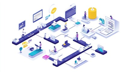 Obraz premium Isometric illustration of a complex workflow with people working on different tasks and processes.