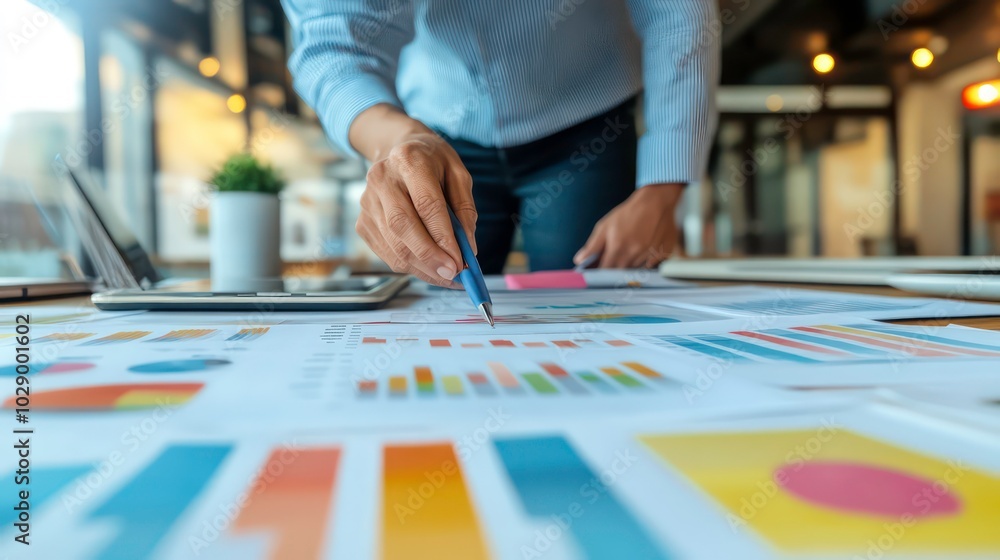 Poster close-up of a businessman's hand pointing at a graph on a desk with a laptop in the background.