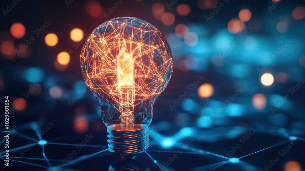 Poster a glowing light bulb with a network of lines inside, representing a creative idea or innovation.