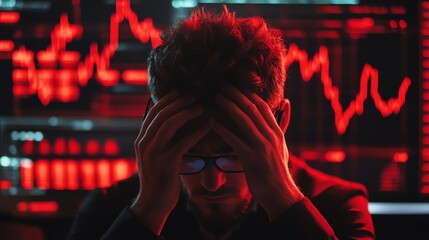 Stressed man analyzing financial data on screen, red overlay background.