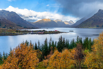 Beautiful autumn landscape of fjords in Lofoten islands, Norway. Synny day in arctic fall. Seasonal scenery of Scandinavia, Northern Europe. © dachux21