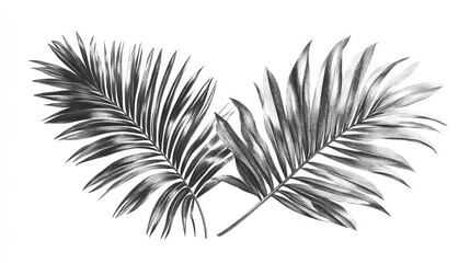 Obraz premium Two black and white palm leaves isolated on white background.