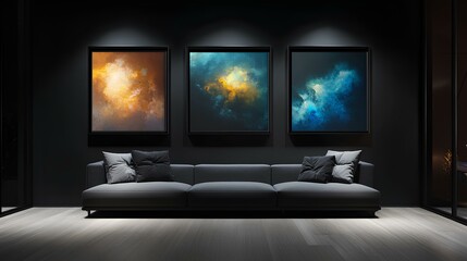 Fototapeta premium A sleek, modern living space featuring a dark wall adorned with three vibrant abstract paintings above a stylish gray sofa.