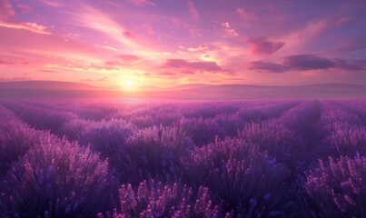 Lavender fields stretching under a vibrant purple sky, 4K hyperrealistic photo