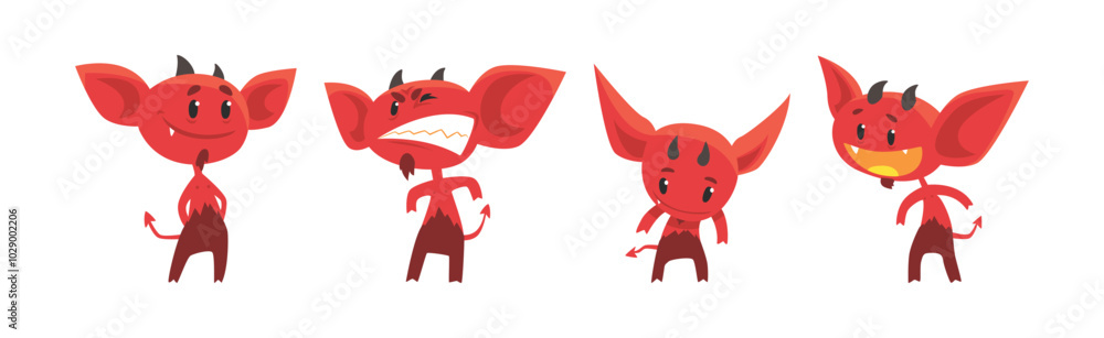 Poster red devil character with horns and face emotion vector set