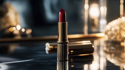 Elegant Red Lipstick on Glamorous Vanity Surface