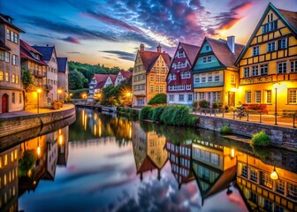 Fototapeta premium Long exposure captures the vibrant glow of illuminated buildings and light boxes in Harburg, creating a mesmerizing blend of colors and dynamic urban