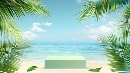 Obraz premium A serene beach scene with palm leaves framing a pastel-green block near calm turquoise waters and a clear sky.