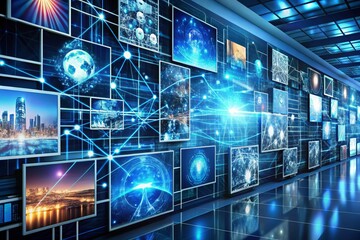 Binary tunnel. Blue and orange bright neon lights in motion blur. Futuristic technology, data transfer concept AI generated