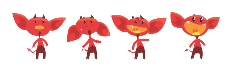 Red Devil Character with Horns and Face Emotion Vector Set