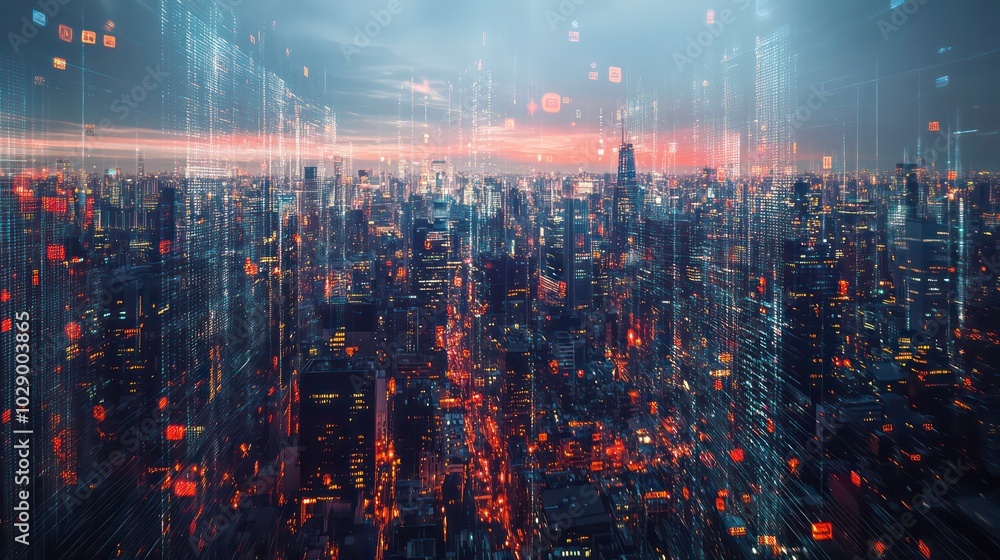 Poster a futuristic cityscape with glowing lines and data points.