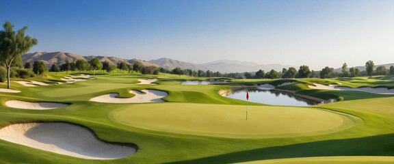 Golf course green with sand traps and flags on sunny day