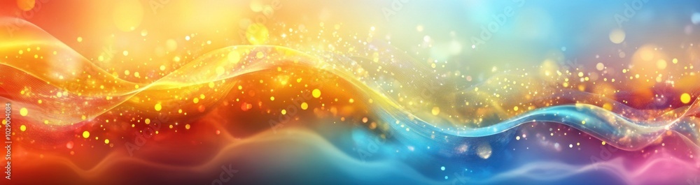 Poster abstract colorful background with glowing particles and wavy lines.
