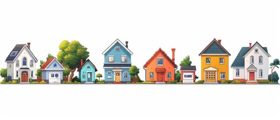 Colorful Row of Unique Houses with Green Trees