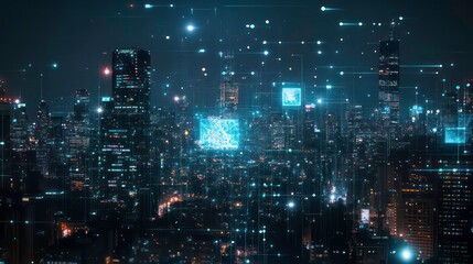 A futuristic cityscape with glowing digital connections and data streams.