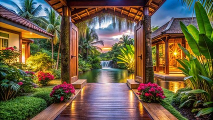 Obraz premium Long Exposure of a Luxurious Wooden Entrance Surrounded by Exotic Scenery