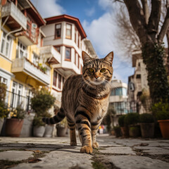 Obraz premium Tabby cat on a city street with buildings in the background