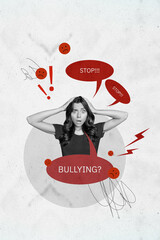 Vertical photo collage of astonished girl bullying concept bad emoji fear stop hate problem...