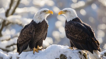 Fototapeta premium Majestic Bald Eagles Nesting on Snowy Cliff - Winter Wildlife Scene with Cinematic Light