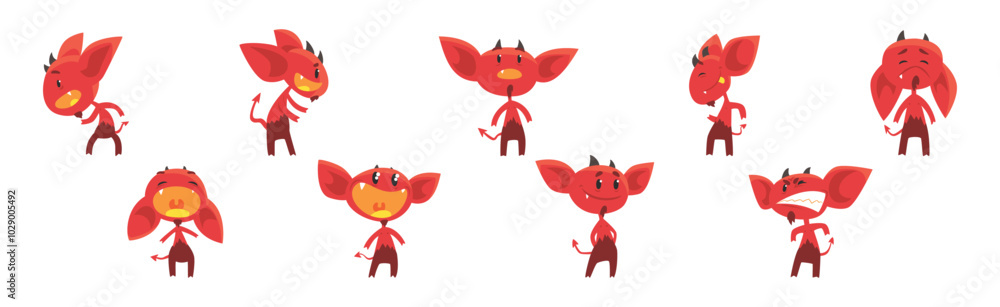 Poster red devil character with horns and face emotion vector set