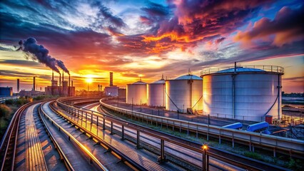 Fototapeta premium Long Exposure of Fenced Oil Terminal with Crude Tanks and Travel Iconography for Industrial Photography