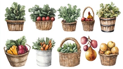 Watercolor illustration of a set of baskets with various vegetables and fruits.