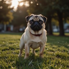 Obraz premium A cute pug dog with a red collar stands in a grassy park, looking directly at the camera with a curious expression. The sun shines brightly behind the dog, creating a warm and inviting atmosphere.