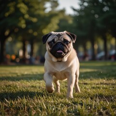 Obraz premium A pug dog walks towards the camera with its tongue sticking out. It is a sunny day with green grass and trees in the background.