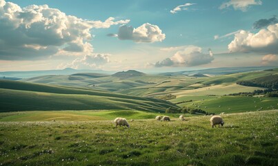 Peaceful countryside with rolling hills and grazing sheep, 4K hyperrealistic photo