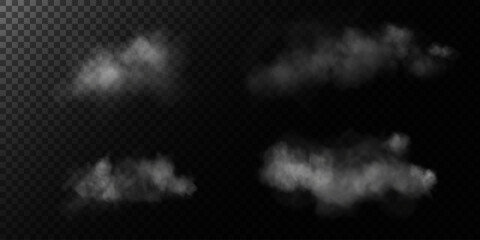 Fog or smoke, white smog clouds on floor, isolated transparent special effect. Vector illustration, morning fog over land or water surface, magic haze.