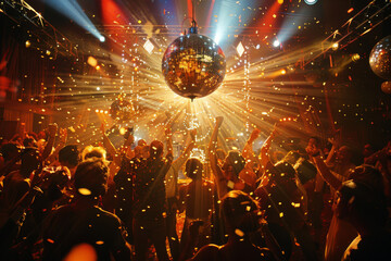 Crowd dancing under colorful lights at a lively party or concert