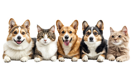 Dogs and cats lined up on a transparent background.
