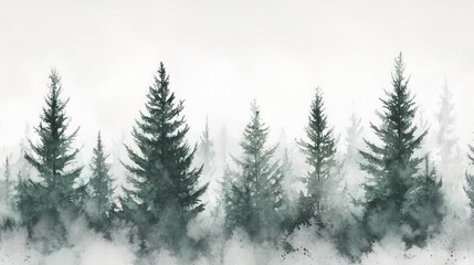 Obraz premium A watercolor illustration of a forest with tall pine trees in a misty, foggy setting.