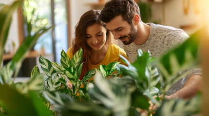 Couple caring houseplants at home. Caucasian young man and woman with green plants