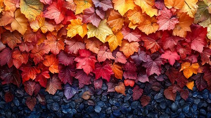 Vibrant autumn leaves in a gradient pattern from dark purple to bright yellow.