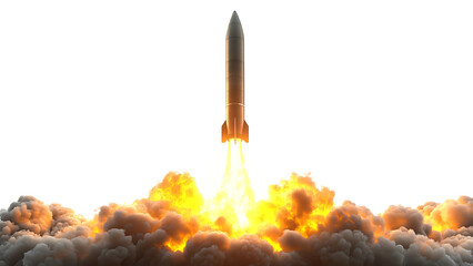Fire and smoke from missiles on transparent background.