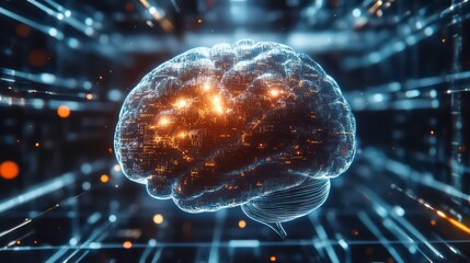 A glowing, digital brain representation with particles of data.