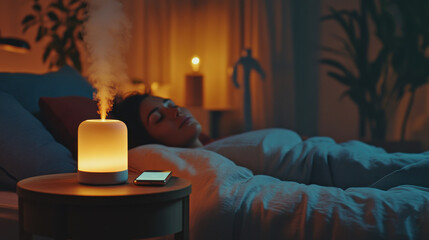  small diffuser spraying aroma mist in the air bedroom at night