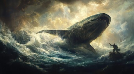 A giant whale breaches the waves, a lone figure stands on a craggy rock in the foreground, amidst a storm-tossed sea.