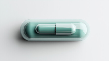 Minimalist close-up of a translucent teal capsule pill on a plain gray background