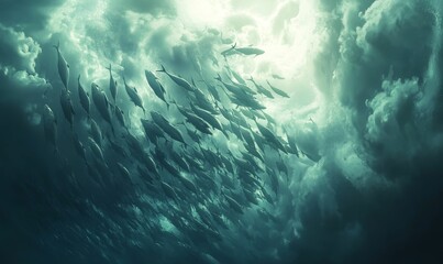 Obraz premium School of fish swimming towards sunlight.