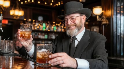 A bartender explaining the history of Prohibition and the repeal to customers during a special Repeal Day event, [National Repeal Day], [educational celebration, bar culture], ,