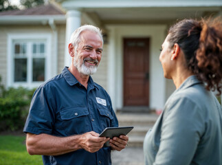 Lawn arborist technician installer worker talking to customer making a sale in the front yard of a home, happy conversation about work well done, working class, casual, outdoors