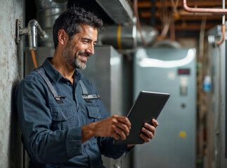 Happy homeowner plumber, HVAC technician, man using a tablet phone in a basement by water heater, burner, duct work. DIY repair or install, happy with work 
done, quote