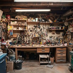 Naklejka premium Workshop, complete chaos on workbench, organised basement or garage