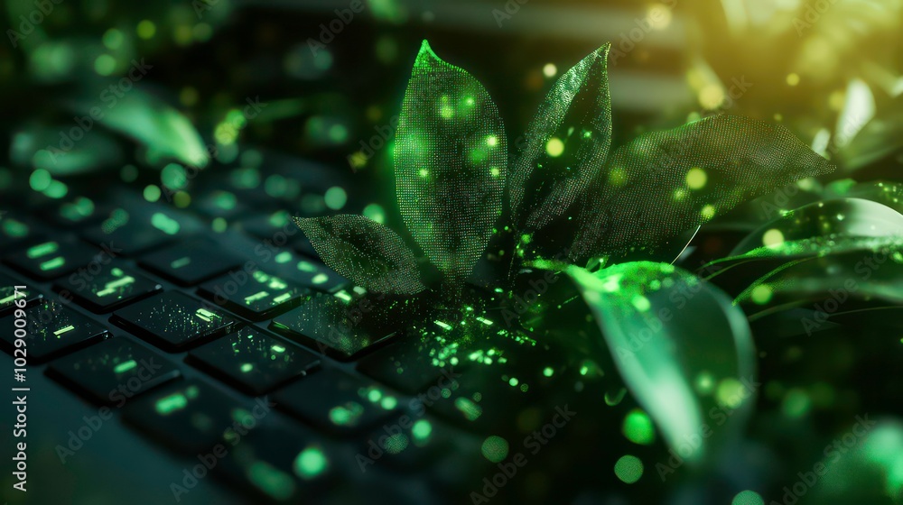 Poster a close-up of a laptop keyboard with green leaves and glowing particles. the leaves are in focus, wh