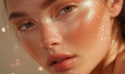 A close-up of a woman's face with glitter.