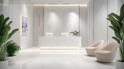 white luxury showroom with reception area, beige chairs in the waiting area