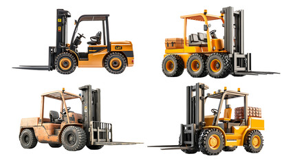 Four different types of orange and gray forklifts are shown. on transparent background.	